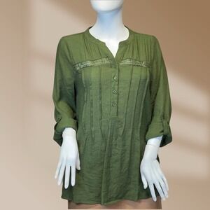 Women's By Design Olive Green Crochet Detail Top Size Medium NWT!